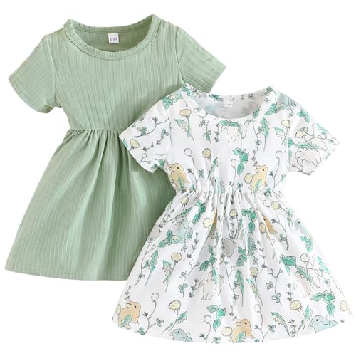 SXSHUN Kinder Mädchen Kleid Baby 2er Pack Sommerkleid mit Kaninchenmuster Prinzessin Kleider Kurzarm A-Linien-Kleid für Kleinkind, Grün, 92-98 von SXSHUN