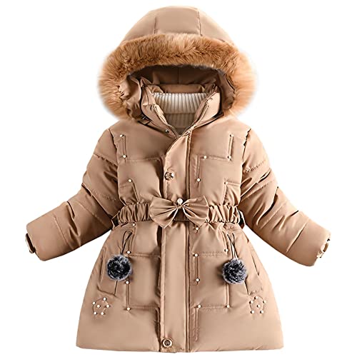 SXSHUN Kinder Winterjacke Mädchen Wintermantel Fleece-Futter Warm Daunenmantel mit Gürtel Parka Outdoorjacke mit Kapuze Pelzkragen, Khaki, 134-140, SXL28SHUN33Z14 von SXSHUN