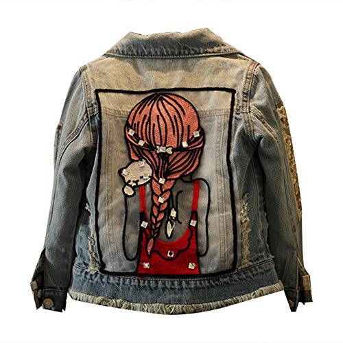 SXSHUN Mädchen Mode Jeansjacke mit Muster und Stickerei Kinder Übergangsjacke Kurz Frühjahr Herbst, Hellblau, 134/140 (Etikettengröße:140) von SXSHUN