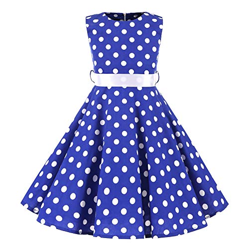 SXSHUN Mädchen Retro Vintage Rockabilly Kleid Partykleider Cocktailkleider Im 50er-Jahre-Stil, Blau + Weiß Punkt, 122/128 (Etikettengröße:130) von SXSHUN