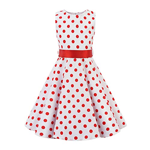 SXSHUN Mädchen Retro Vintage Rockabilly Kleid Partykleider Cocktailkleider Im 50er-Jahre-Stil, Rot Punkt, 122/128 (Etikettengröße:130) von SXSHUN