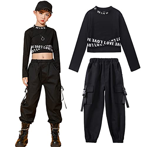 SXSHUN Mädchen Trainningsanzug Hip Hop Kleidung 2tlg Kinder Street Dance Outfit Crop Tops + Cargohose T-Shirt Baggy Jogginghose Tanzkleidung Frühling Sommer Anzüge, Schwarz, 116 von SXSHUN