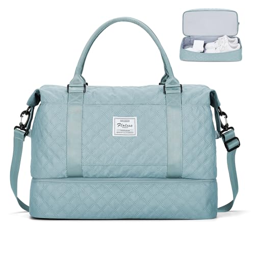 SYCNB Wochenendtasche für Damen, persönliche Gegenstände, Reisetasche mit Schuhfach, Reisetasche, Sporttasche, W-Grid-Hellblau, Reisetasche von SYCNB