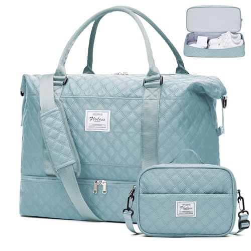 Weekender Taschen für Frauen, Reisetasche für persönliche Gegenstände mit Schuhfach, Reisetasche mit Nassfach und separater Kulturtasche, Turnbeutel, W-Grid-Light Blue, Set (Reisetasche+Kulturtasche) von SYCNB