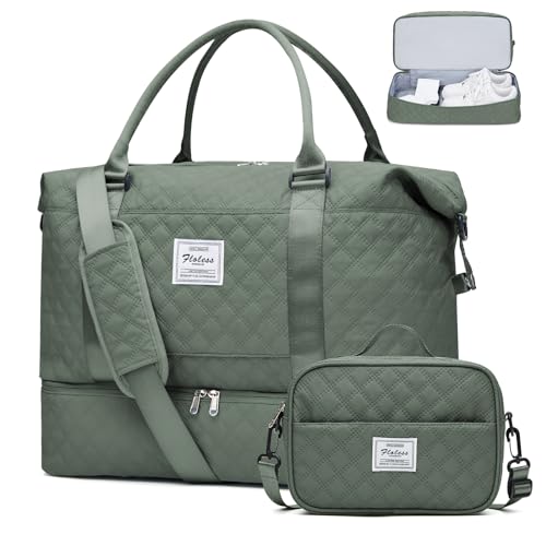 Weekender Taschen für Frauen, Reisetasche für persönliche Gegenstände mit Schuhfach, Reisetasche mit Nassfach und separater Kulturtasche, Turnbeutel, W-Grid-Olivgrün, Set (Reisetasche+Kulturtasche) von SYCNB