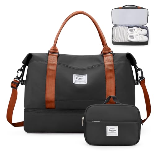 Weekender Taschen für Frauen, Reisetasche für persönliche Gegenstände mit Schuhfach, Reisetasche mit Nassfach und separater Kulturtasche, Turnbeutel, schwarz/braun von SYCNB