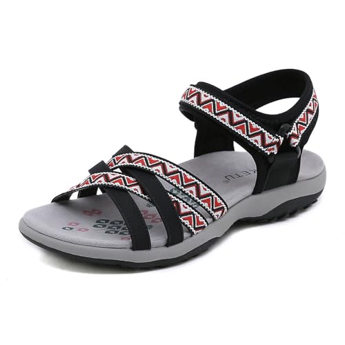 SYLUOQP Retro weiche Kissen Frauensandalen, Hakenschleifen -Wandersandalen Frauen, flache orthopädische Sandalen für Frauen, für Wating Beach im Freien im Freien (Color : Black, Size : 40 EU) von SYLUOQP