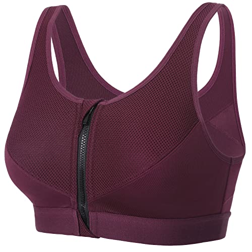 SYROKAN Damen Sport BH Starker Halt - Vorderverschluss Ohne Bügel Und Einlagen für Nach Brust OP Fitness Lauf Yoga Dunkelrot 80C von SYROKAN