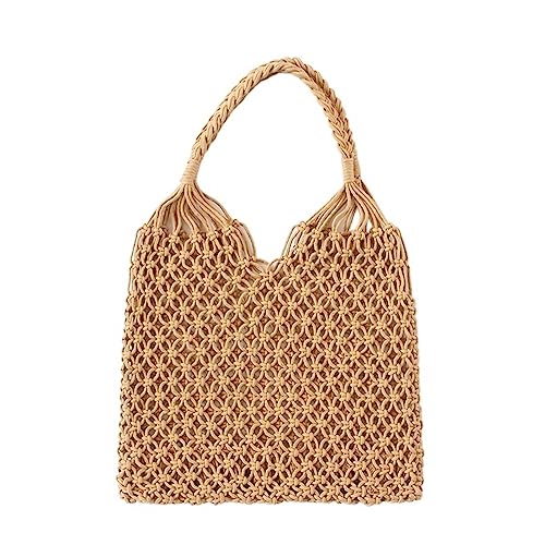 Aushöhlen Gewebte Tasche Baumwolle Futter Stroh Tasche Strand Weibliche Reticulate Handtasche Reise Baumwolle Seil Netted Strand Taschen Strandtasche (Color : Khaki, Size : One size) von SYT-MD