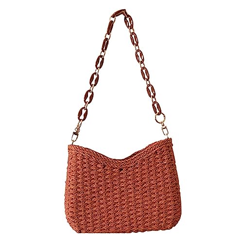 Damen Umhängetasche, lässig, Stroh, Strandtaschen, einfarbig, gewebte Kette, Einkaufstasche, Umhängetasche, Handtasche, Umhängetasche, Clutch Strandtasche (Color : Orange, Size : One size) von SYT-MD