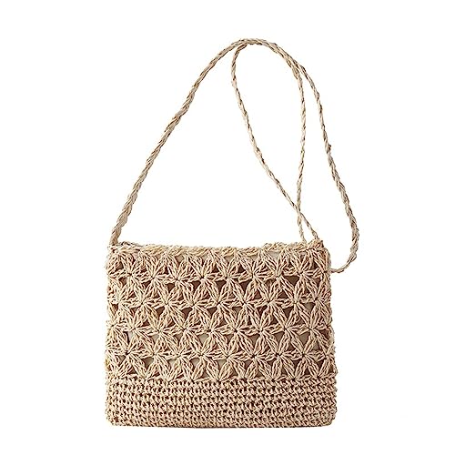 Frauen Strand Handtaschen Mode Stroh Weben Dame Einkaufstaschen Casual Aushöhlen Böhmischen Weichen Reißverschluss for Urlaub Strandtasche (Color : Khaki, Size : One size) von SYT-MD