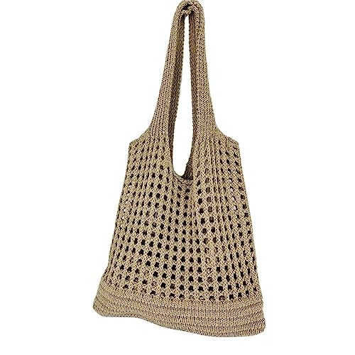 Gestrickte Damen-Geldbörse und Handtaschen mit großem Fassungsvermögen, modische hohle Netz-Umhängetasche, Strandtaschen, Shopper-bags Strandtasche (Color : Khaki, Size : 35x30cm) von SYT-MD