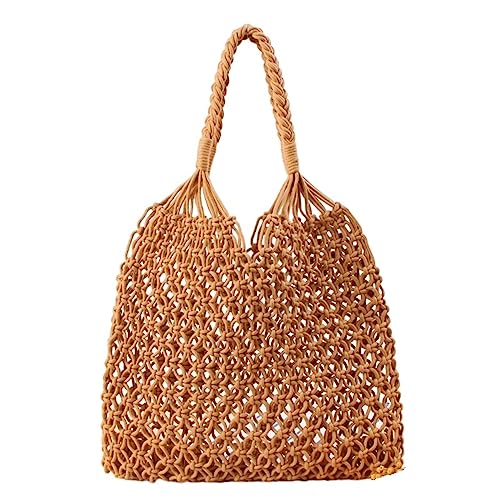 Häkeln Strand Handtasche Mode Schulter Tasche Mesh Aushöhlen Einkaufstasche Weben Mädchen Große Tasche Frauen Stricken Handtasche Strandtasche (Color : Camel, Size : One size) von SYT-MD