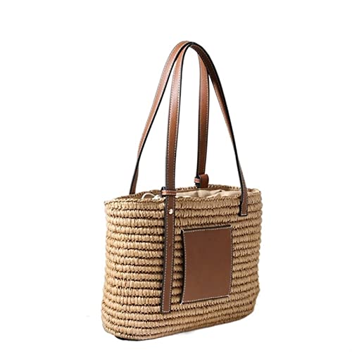 SYT-MD Sommer Damen Stroh Umhängetasche Große Kapazität Rattan Tote Handtasche Reise Beachtasche Gewebt Korb Einkaufstasche (Color : Khaki, Size : 27x10x20 cm) von SYT-MD