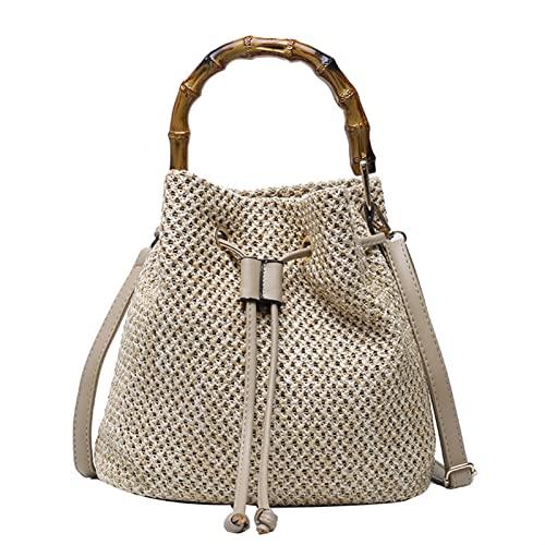 SYT-MD Sommer Rattan Strohhandtasche Damen gewebte Strandtasche Holz Handtasche Messenger Bag Große Kapazität Umhängetasche (Color : Khaki, Size : 25x14x24cm) von SYT-MD