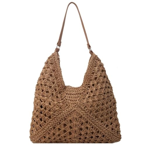 SYT-MD Strohtaschen, Boho-Taschen for Damen, gehäkelte Einkaufstasche, Mesh-Strandtasche, Stroh-Strandtasche, große Strandtasche, Sommer-Strandtaschen(Color:Khaki) von SYT-MD