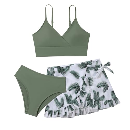 Bikini Mädchen 152 Teenager 3-Teiliger Badeanzug Tankini mit Blatt Drucken Rock Rüschen Set Bikinioberteil Größe Push Up Bedruckte Bikini Bikinihose Badeanzüge für Mädchen 6-14 (03-grün, 13-14 Years) von SZFRYEU