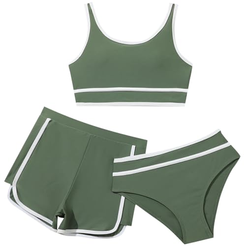 SZFRYEU Mädchen Bikini Set,3-teilige Badeanzüge für Mädchen,Bikini Top+Shorts +Slips Badeanzug,Kinder Badebekleidung mit Blumenmuster Schwimmanzug,für 8-14 Jahre (02-Grün, 13-14 Years) von SZFRYEU