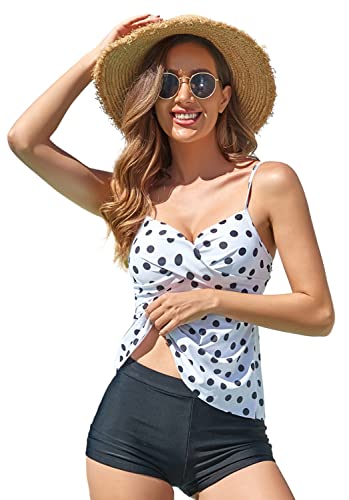 SZIVYSHI Damen Tankini Badeanzug Set mit Bauchweg Oberteil & Push up Sexy Cup Top, High Waist Hose, Bügel & Badeshorts,Schwarz und weiß Punkt,XL von SZIVYSHI