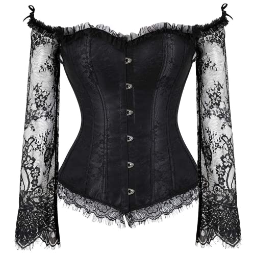 SZIVYSHI Frauen Halloween Weihnachten Overbust Lace up Rücken Korsett mit Schulter Ärmel, Schwarz -S(Taillenumfang:62cm) von SZIVYSHI