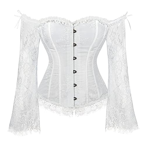 SZIVYSHI Frauen Halloween Weihnachten Overbust Lace up Rücken Korsett mit Schulter Ärmel, Weiß -XL(Taillenumfang:74cm) von SZIVYSHI