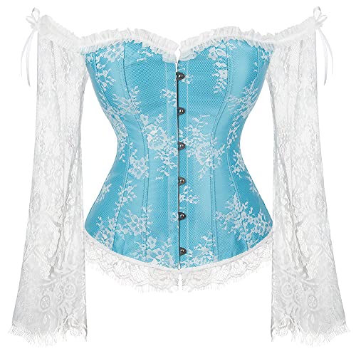 SZIVYSHI Korsett Damen Halloween Weihnachten Vollbrust Lace Up Corset Rücken Corsage mit Schulter Ärmel (Hellblau, XL) von SZIVYSHI