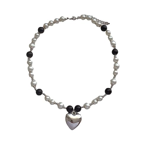 Saddgo Elegante Halskette mit Herz-Anhänger, einzigartige schwarz-weiße Perlen, Choker, zierliche Schlüsselbeinkette, personalisiertes Schmuckgeschenk von Saddgo