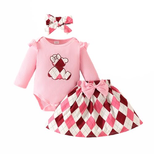 Baby Säugling Mädchen Niedlicher Bär Strampler Rock Bekleidungsset 3PCS Set Langarm Rüsche Schulter Karikatur Bär Strampler Karierte A-Linie Rock Bowknot Stirnband (Rosa, 12-18 Months) von Saeevima