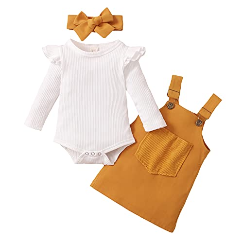 Saeevima Neugeborene Baby Mädchen den ersten Geburtstag Kleidung 3pcs Langarm Rüschen Schulter Rippen Strampler Top Hosentender Rock mit Stirnband Kinder Frühlingskleidung Set (Gelb, 0-3 Months) von Saeevima