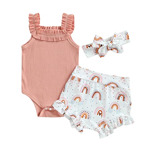 Neugeborene Mädchen Sommerkleidung 3pcs Sets gerippte ärmelloses Feste Farbschlinge Weste Erntedämmbodys Rüschen florale Schmetterlingshorts Stirnband (Rosa Regenbogen, 3-6 Months) von Saeevima