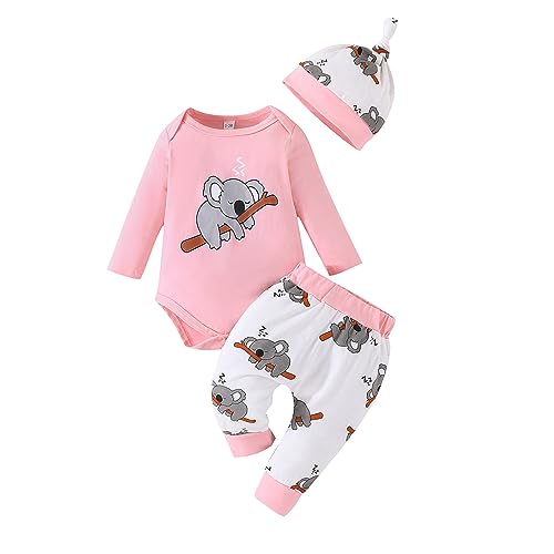 Saeevima Baby Jungen 3tlg Kleidungs Set Langarm Runden Hals Pullover Buchstaben Druck Body Strampler Elastiziert Taillieren Hosen Mit Hut 0-18 Monate Kinder Warme Babyset (Rosa, 0-3 Months) von Saeevima