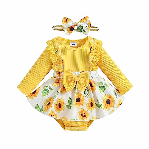 Saeevima Baby Mädchen Täglich Rippbed Strampler Kleid Rüle Schulter Langarm Tutu Blumen Plaids Rock Saum Neugeborene Overalls Body mit Stirnband Baby Mädchen Jumpsuit Kleidung (Gelb, 0-3 Months) von Saeevima