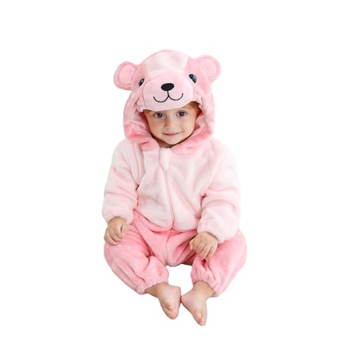 Saeevima Kinder Baby Fleece Cartoon Tiere Strampler Hoodie Body Langarm Reißverschluss Einteilig Kapuze Plüsch Jumpsuit Halloween Weihnachten Warmer Flanell Pyjama (Rosa Bär, 12-18 Months) von Saeevima