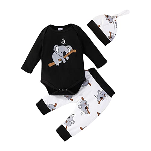 Saeevima Kleinkind Baby Jungen Cartoon Tiere Outfits 3PCS Set Langarm Rundhals Pullover Koala Fuchs Giraffe Drucken Body Strampler Elastische Taille Hose Hut 0-18 Monate (Schwarz, 6-9 Months) von Saeevima