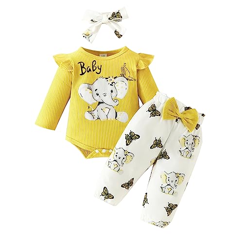 Saeevima Kleinkind Baby Mädchen Kleidung Set Einfarbig Langarm Pullover Body Strampler Top Rüschen Elastische Taille Blumen Lange Hosen Stretch Stirnband Mädchen Bekleidungsset (Gelb, 3-6 Months) von Saeevima