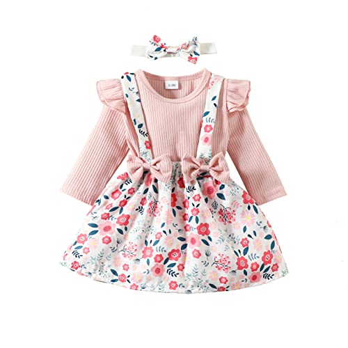 Saeevima Neugeborene Baby Mädchen Weihnachten Bekleidungsset 3PCS Strampler Rock Set Langarm Pullover Rüsche Schulter Hosenträger Tutu Blumen Plaids Rock mit Stirnband (Rosa, 6-9 Months) von Saeevima