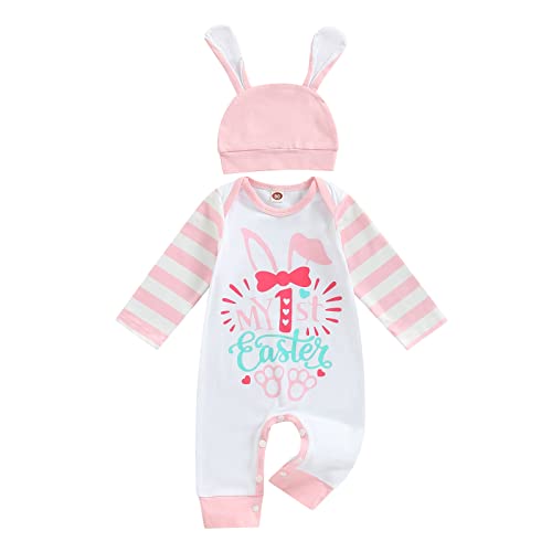 Unisex Baby Ostern Strampler Langarm Langarm Kaninchen Karotte gedruckte Knopfverschluss runde Nacken Onesies mit Hasenkappe Säugling meine ersten Oster Oversuit Kleidung (Rosa, 0-3 Months) von Saeevima