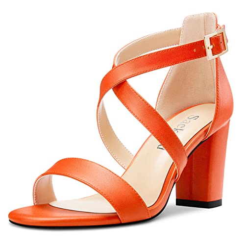 Saekcted Damen Chunky Blockabsatz Hoher High Absatz Heel Peep Open Zehenkappe Sandalen Kreuzriemen Lässig Klassisch 8 CM Heels Orange 41 EU von Saekcted