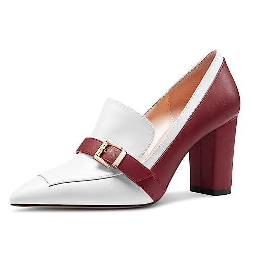 Saekcted Damen Chunky Blockabsatz Mittlerem Absatz Heel Spitze Zehenkappe Pumps Slip-on Schnalle Büroschuhe Klassisch Sommer 8 cm Heels Rot Mehrfarbig 40 EU von Saekcted