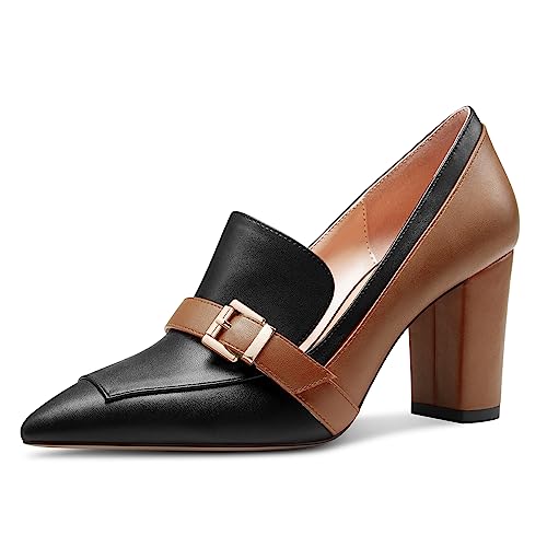 Saekcted Damen Chunky Blockabsatz Mittlerem Absatz Heel Spitze Zehenkappe Pumps Slip-on Schnalle Büroschuhe Klassisch Sommer 8 cm Heels Schwarz Mehrfarbig 37 EU von Saekcted