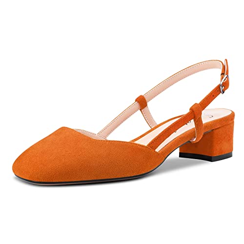 Saekcted Damen Chunky Blockabsatz Niedrige Kitten Absatz Heel Eckige Zehenkappe Slingback Pumps Hochzeit Büroschuhe Dress 3.5 CM Heels Orange 37 EU von Saekcted