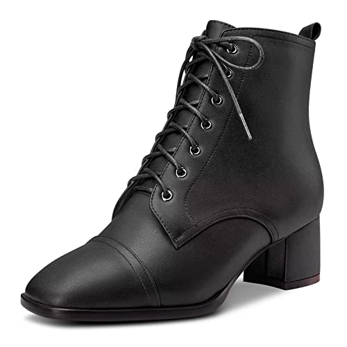 Saekcted Damen Chunky Blockabsatz Niedrige Kitten Absatz Heel Eckige Zehenkappe Stiefeletten Schnüren Schnürung Reißverschluss Stiefel Schwarz 35 EU von Saekcted