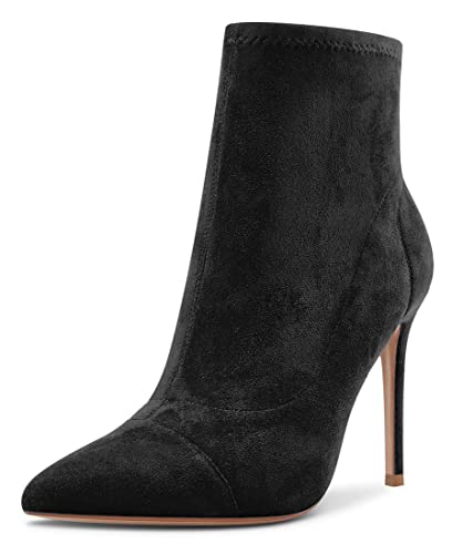 Saekcted Damen Hoher High Absatz Heel Stiletto Spitze Zehenkappe Stiefeletten Slip-on Klassisch Dress Büroschuhe Party Stiefel 10 CM Heels Schwarz Wildleder 36 EU von Saekcted