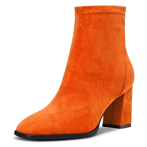 Saekcted Damen Hoher High Chunky Blockabsatz Absatz Heel Geschlossene Eckige Zehenkappe Stiefeletten Slip-on Klassisch Reißverschluss 7.5 CM Heels Schuhe Orange 37 EU von Saekcted