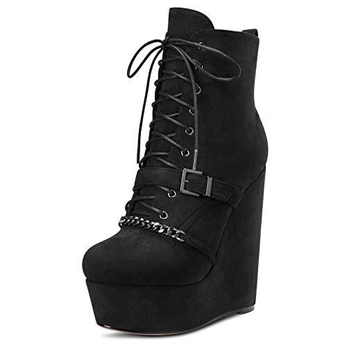 Saekcted Damen Hoher High Keilabsatz Plateau Plattform Absatz Heel Runde Zehenkappe Stiefeletten Reißverschluss Cute 15 CM Heels Schwarz 40 EU von Saekcted