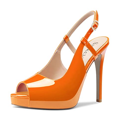 Saekcted Damen Hoher High Stiletto Plateau Plattform Absatz Heel Peep Open Zehenkappe Slingback Sandalen Hochzeit Dress Knöchelriemen Pumps 12 CM Heels Orange 1 41 EU von Saekcted