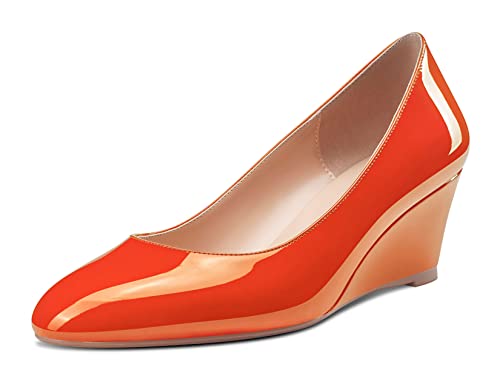 Saekcted Damen Mittlerem Absatz Heel Keilabsatz Runde Zehenkappe Slip-on Pumps Klassisch Cute Dress 5 cm Heels Orange 35 EU von Saekcted