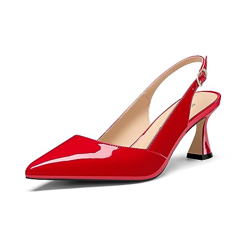 Saekcted Damen Mittlerem Absatz Heel Spitze Zehenkappe Pumps Knöchelriemen Slingback Slip-on Abschlussball Cute Sommer 6.5 cm Heels Rot 39 EU von Saekcted