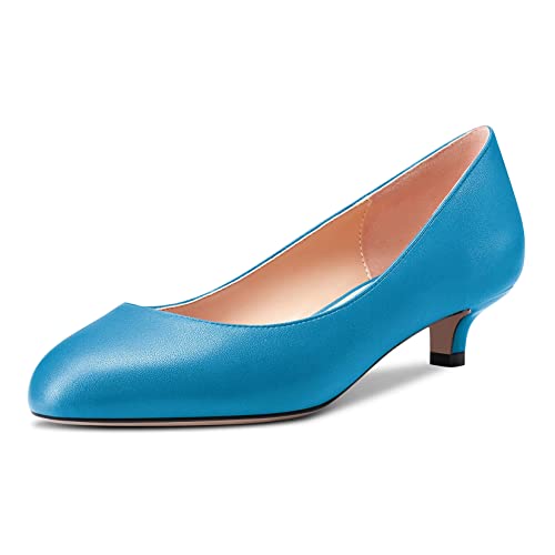 Saekcted Damen Niedrige Kitten Absatz Heel Runde Zehenkappe Slip-on Pumps Hochzeit Cute 3.5 cm Heels Blau 39 EU von Saekcted