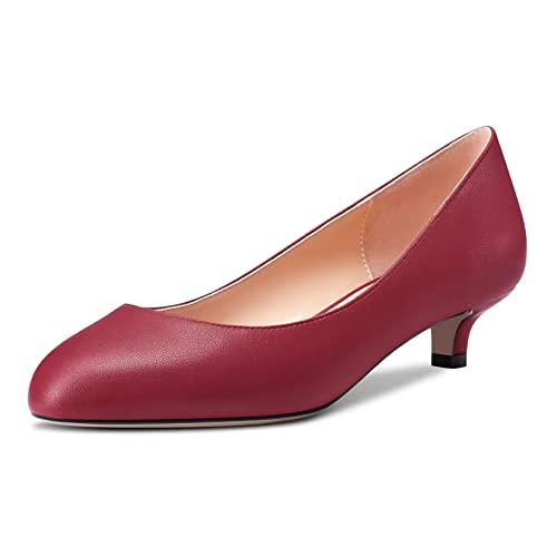 Saekcted Damen Niedrige Kitten Absatz Heel Runde Zehenkappe Slip-on Pumps Hochzeit Cute 3.5 cm Heels Burgund Rot 40 EU von Saekcted